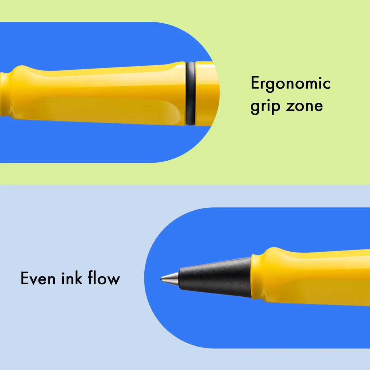 LAMY safari Yellow rollerball pen with ergonomic grip zone and even ink flow highlighted on a green and blue background