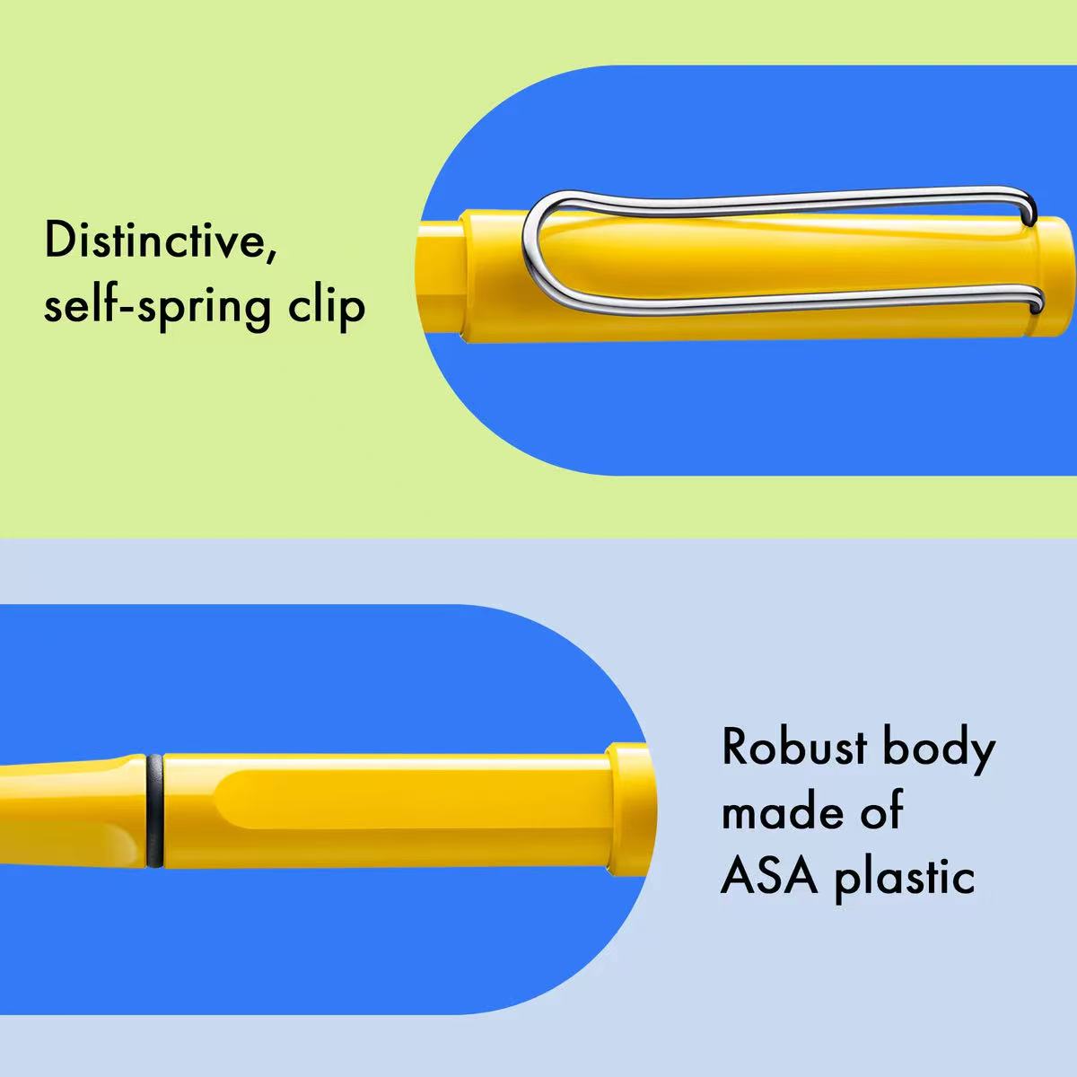 LAMY safari Yellow rollerball pen with a self-spring clip on a blue and green background
