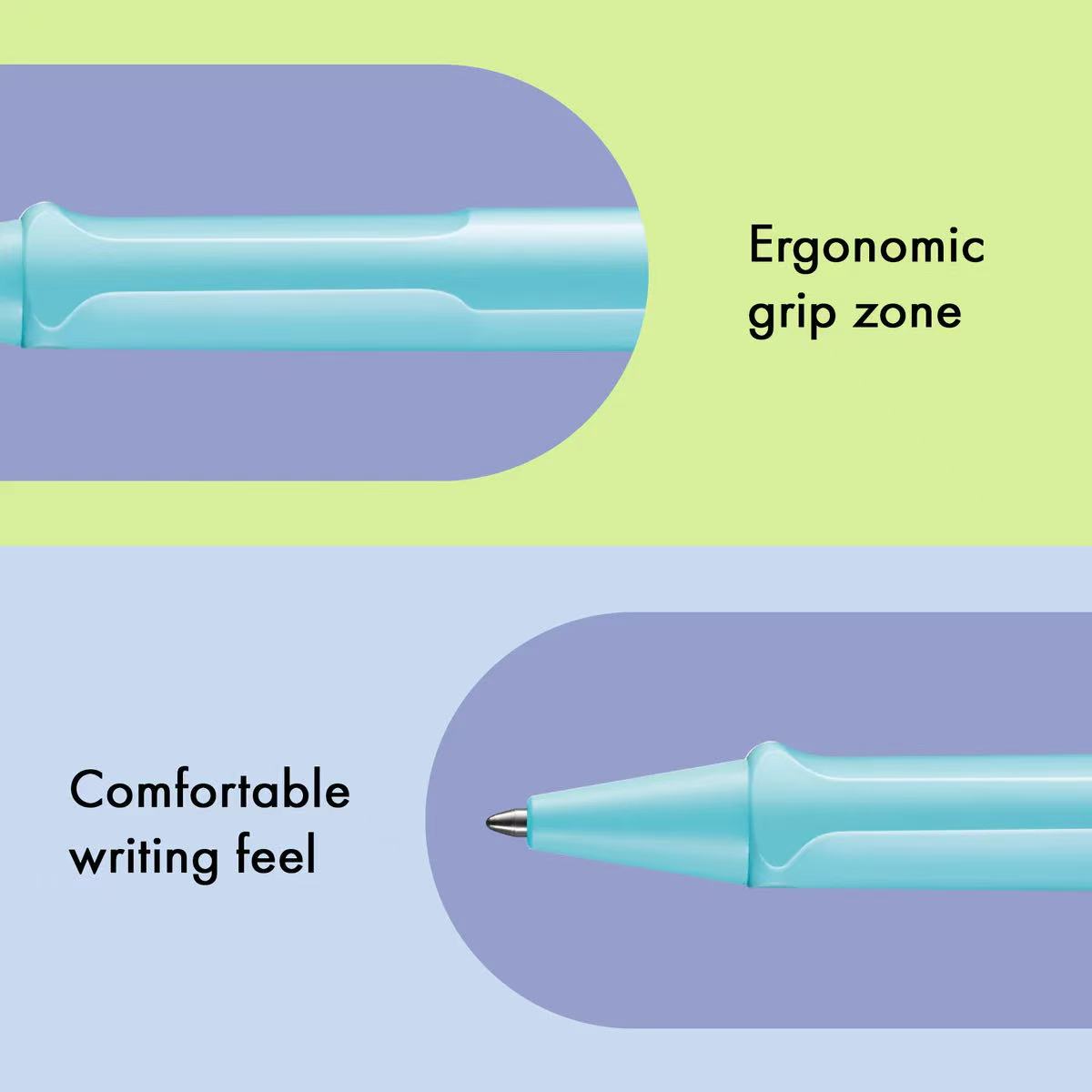 Ergonomic grip zone and comfortable writing feel of a pen on a colorful background