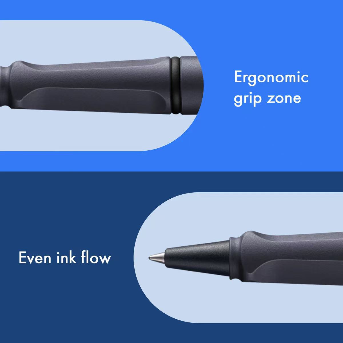 Ergonomic grip zone and even ink flow of a pen on a blue background