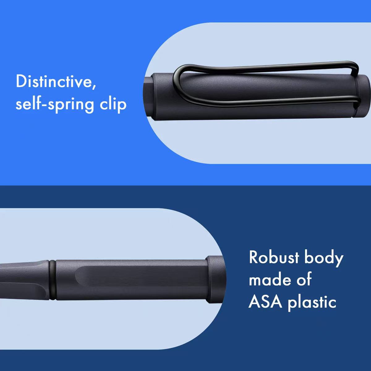 Black pen with self-spring clip and ASA plastic body on a blue background