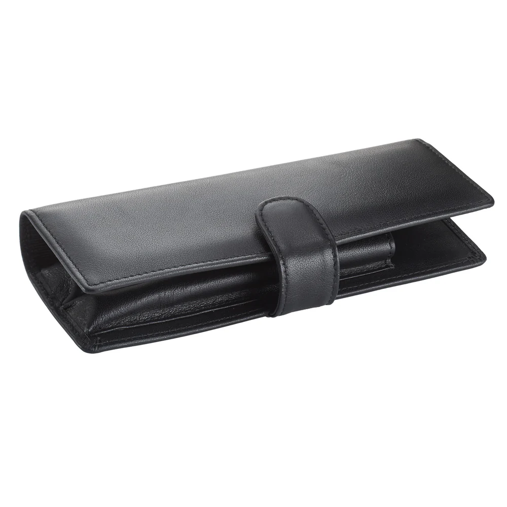Black leather pen case on a white background