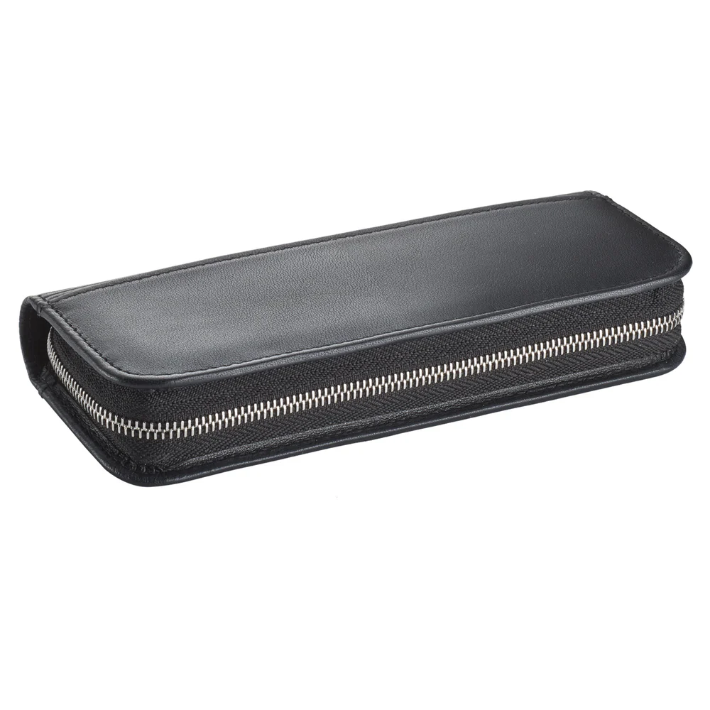 Black leather wallet with a zipper on a white background