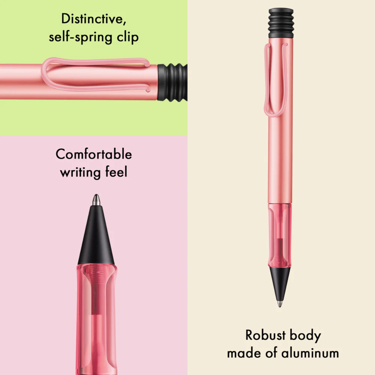 Pink pen with black clip and cap on a pink background, highlighting features like self-spring clip and robust body.