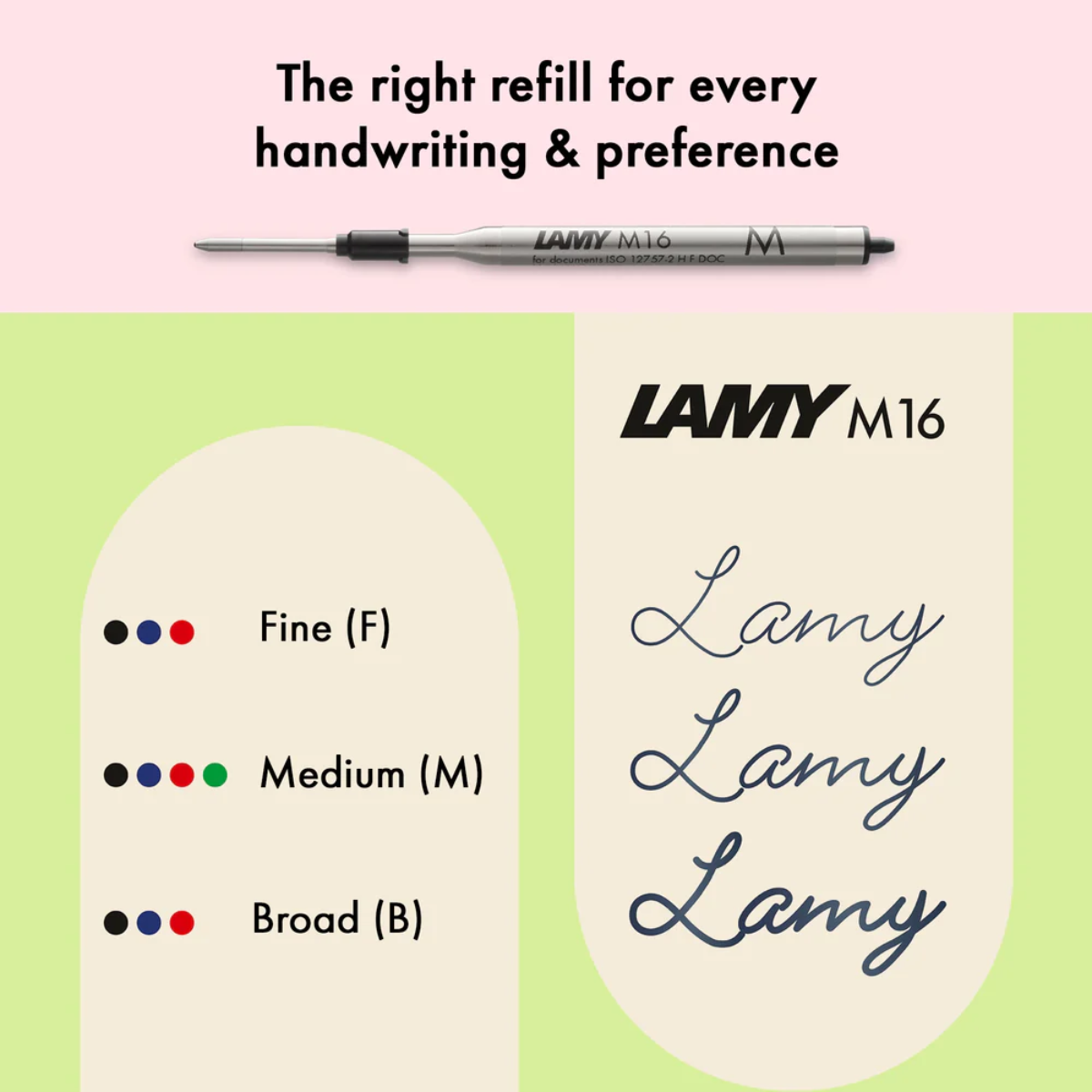 Lamy M16 pen refill with ink color options on a pink and green background