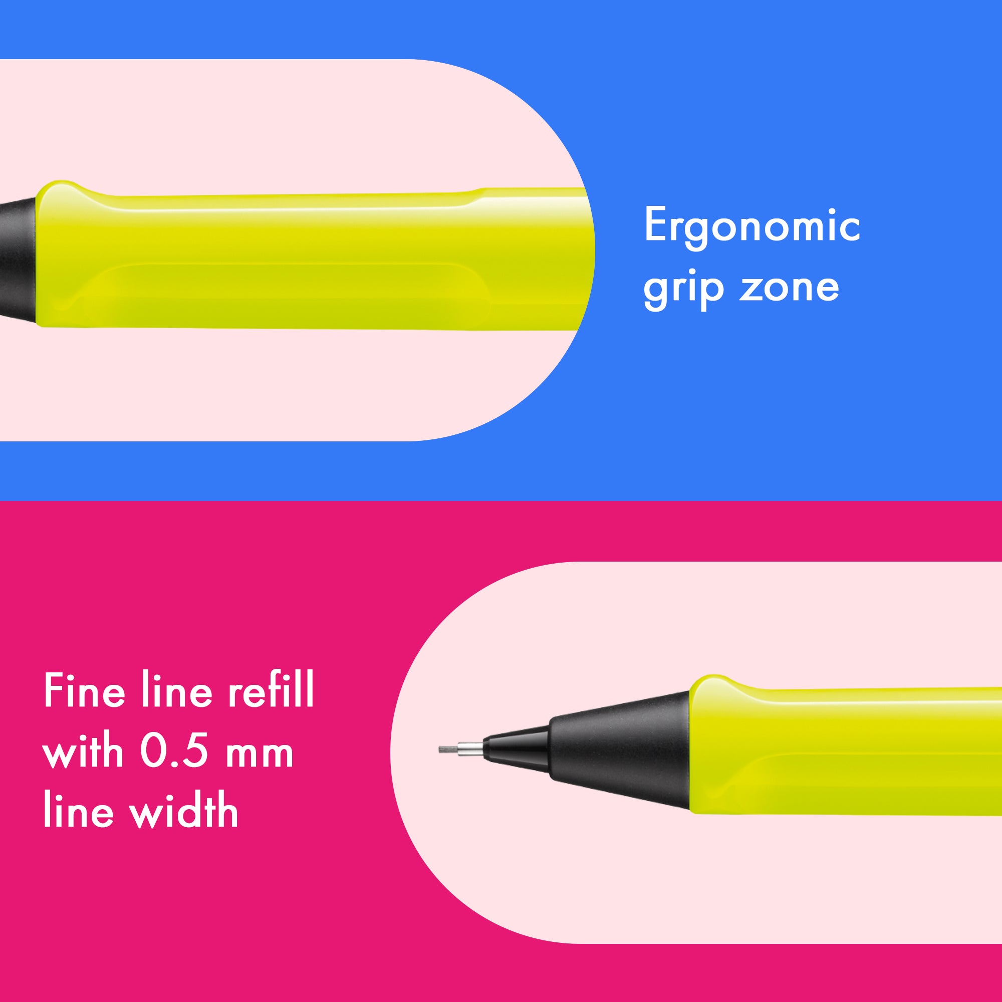 Highlighter pen with ergonomic grip zone and fine line refill on a blue and pink background