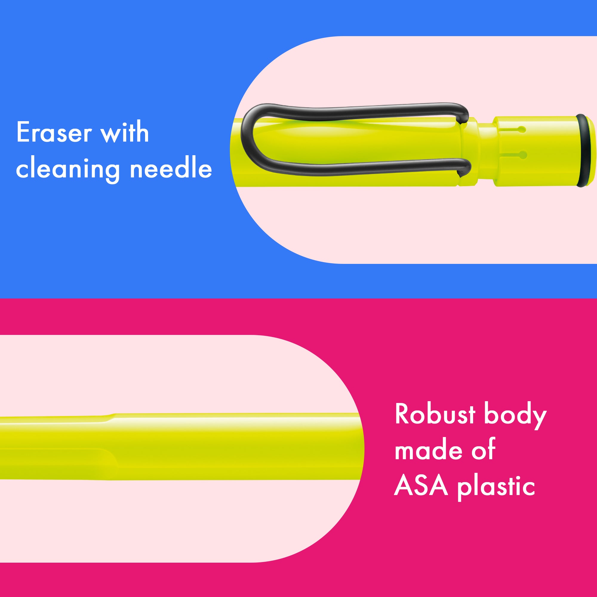 Yellow eraser with cleaning needle on a blue and pink background