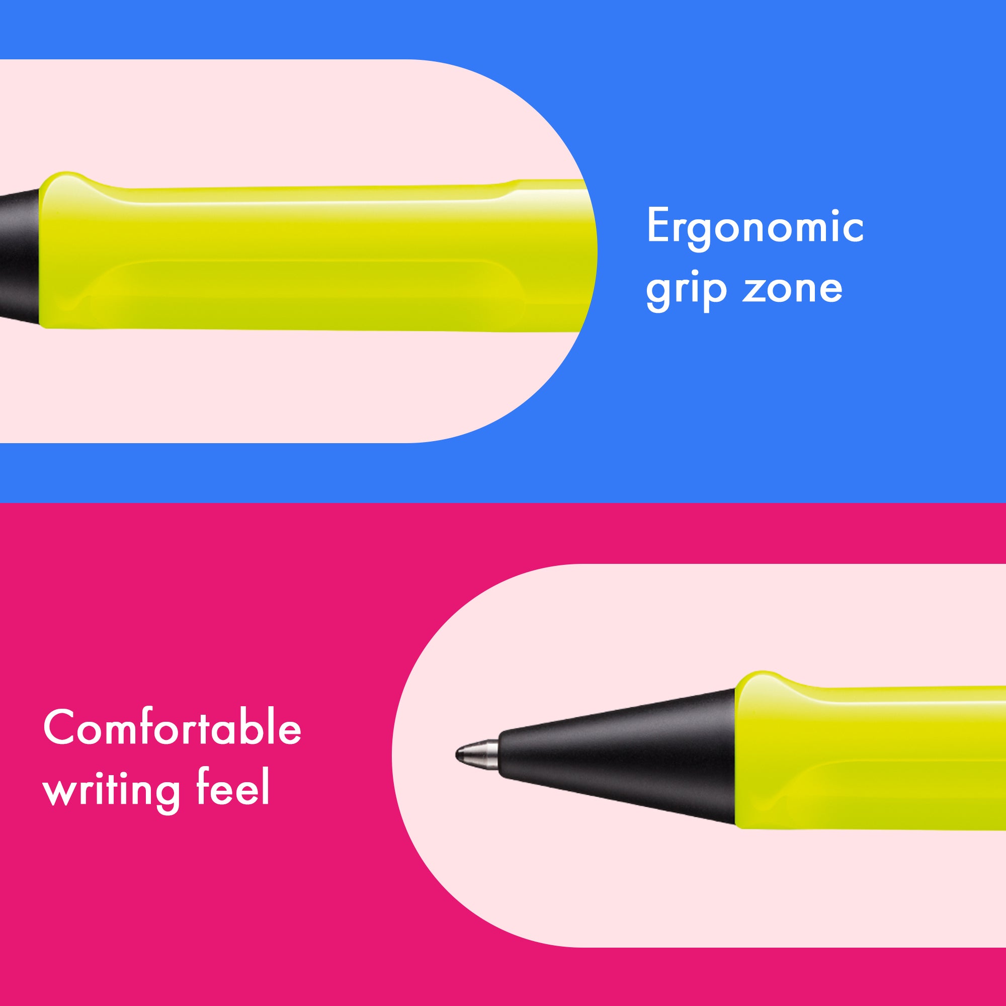 Ergonomic grip zone and comfortable writing feel of a yellow pen on a blue and pink background