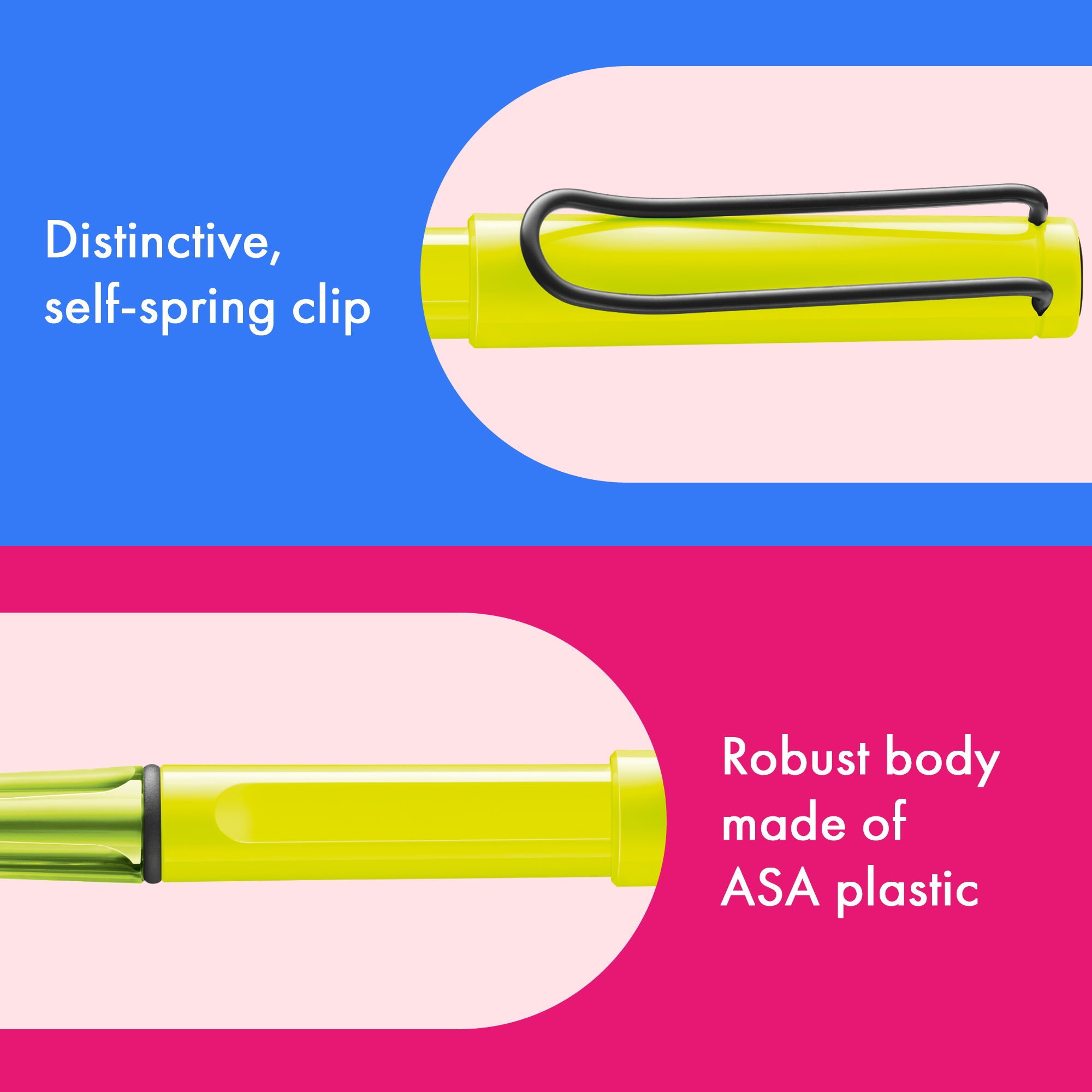 Yellow pen with a black clip on a blue and pink background, highlighting features like a self-spring clip and ASA plastic body.