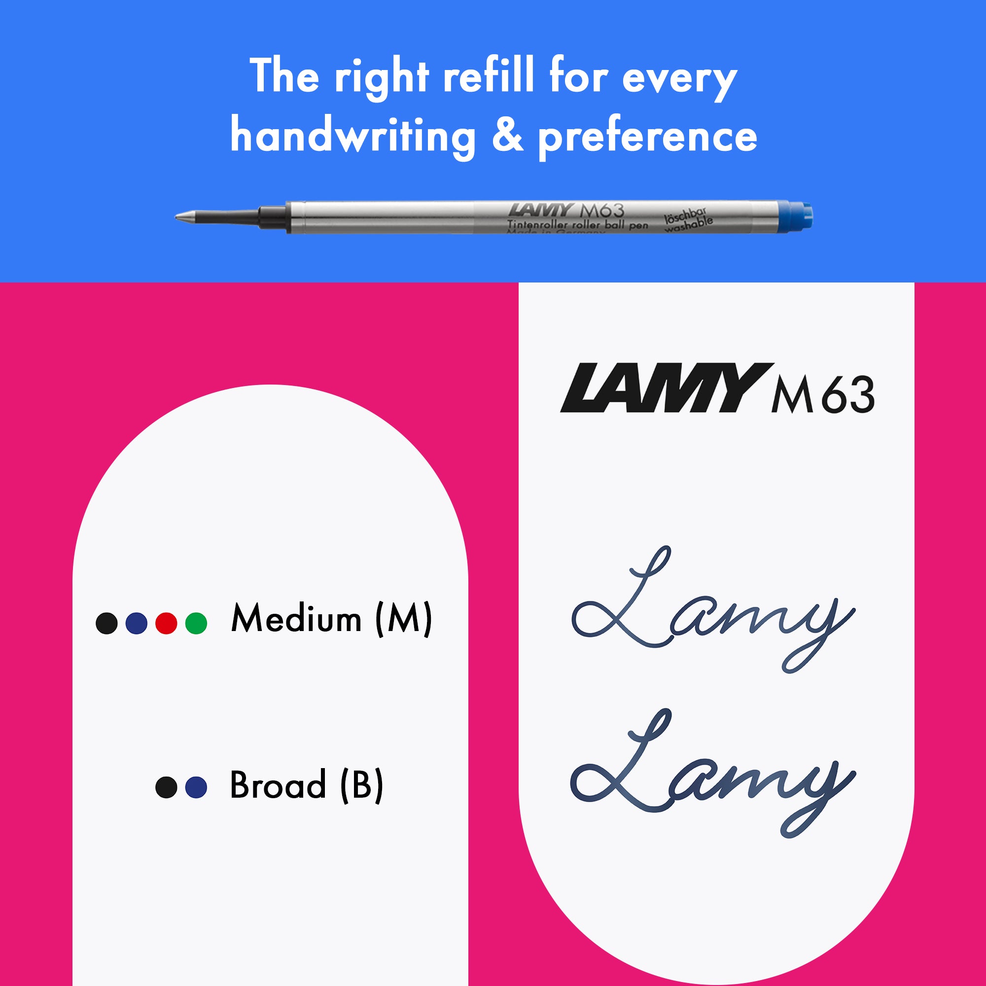 Lamy M63 pen refill with branding and size options on a blue and pink background
