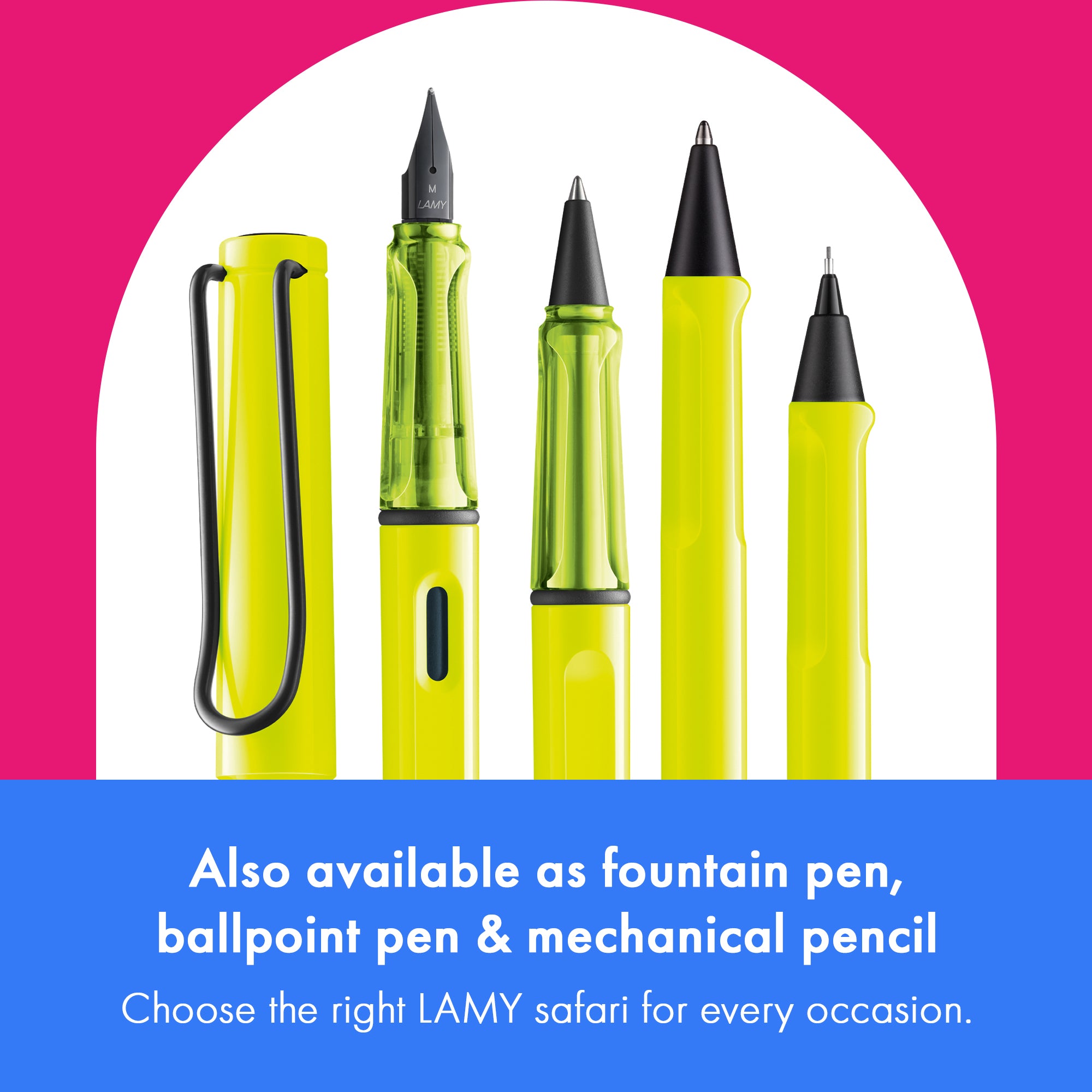 Set of yellow pens with black accents on a pink and blue background