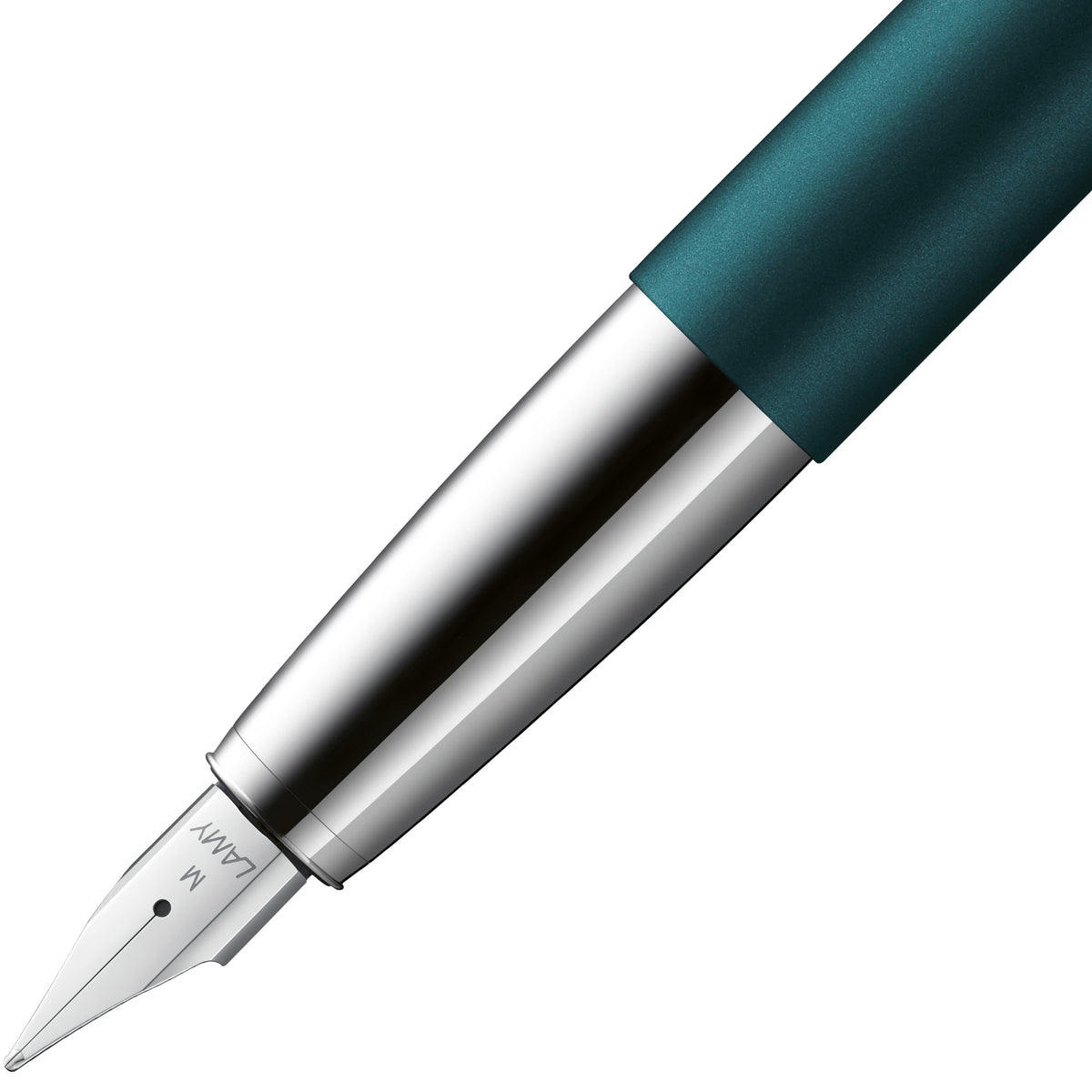 A close-up of a fountain pen showing a metallic silver nib and barrel with a dark teal-green grip, set against a plain white background.