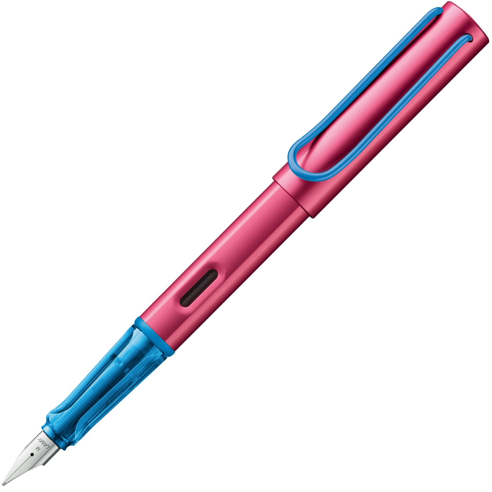 Pink and blue fountain pen on a white background