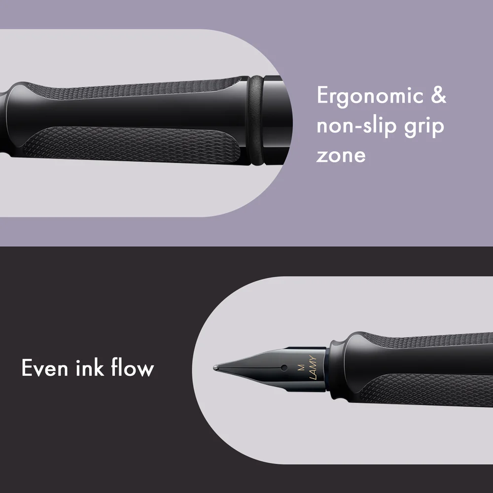 Close-up promotional graphic of a black fountain pen showing the grip and nib, with text reading 'Ergonomic & non-slip grip zone' and 'Even ink flow' on a split light lavender and dark charcoal background.