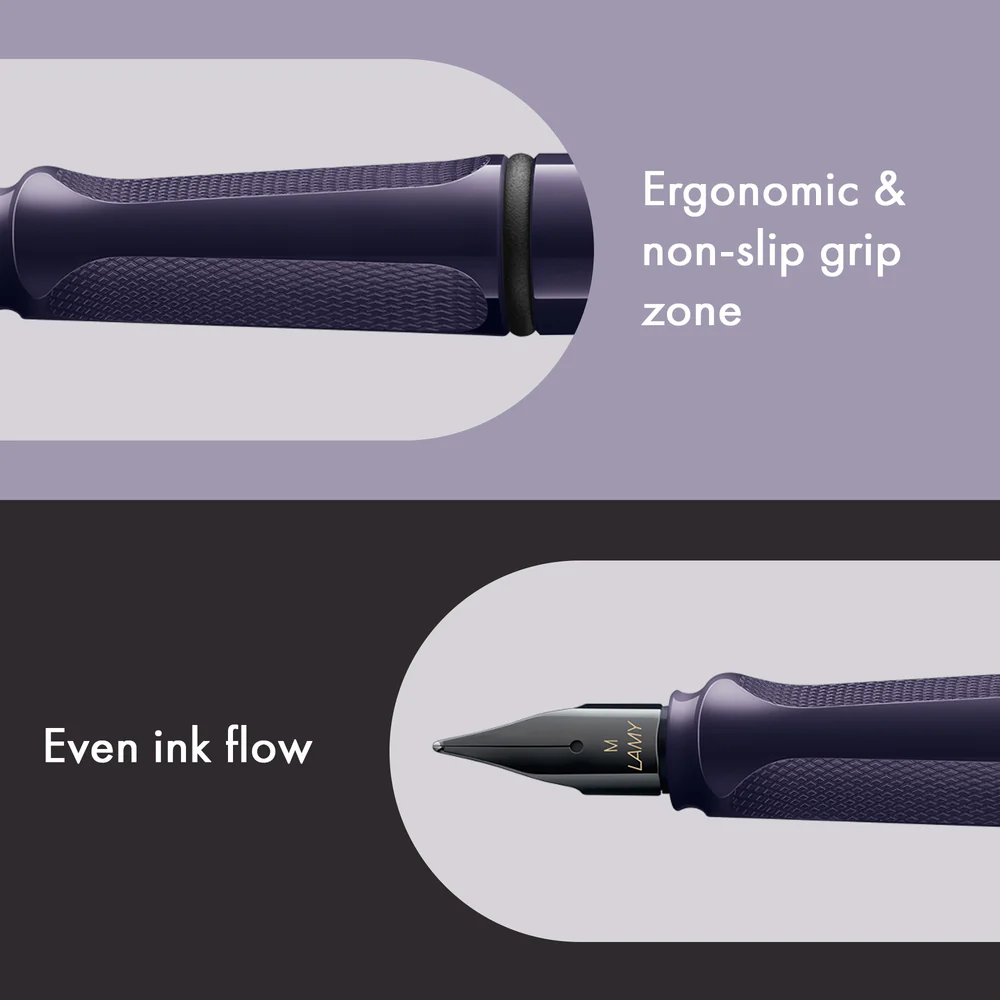 Ergonomic and non-slip grip zone of a pen with text on a gray background