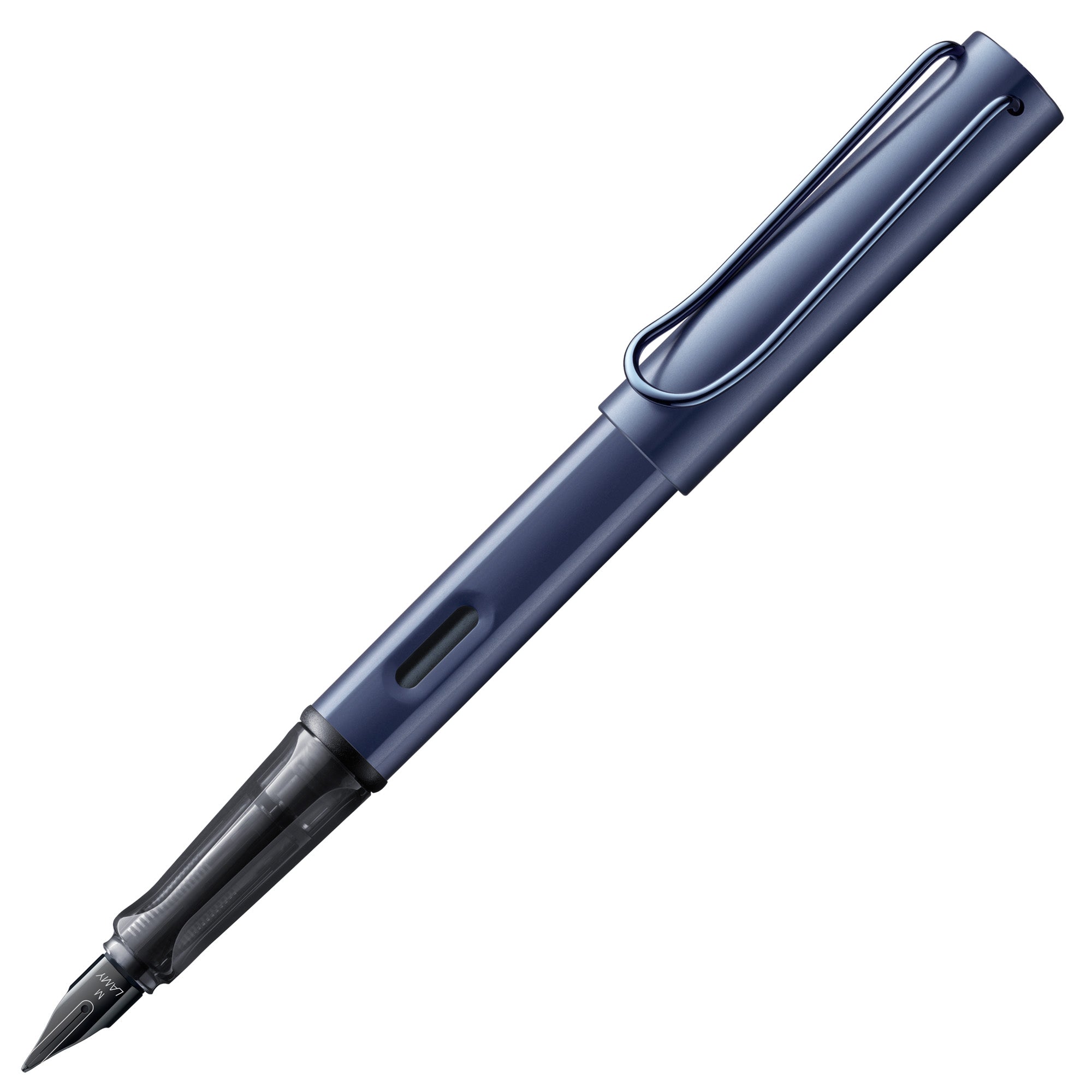 Blue fountain pen on a white background