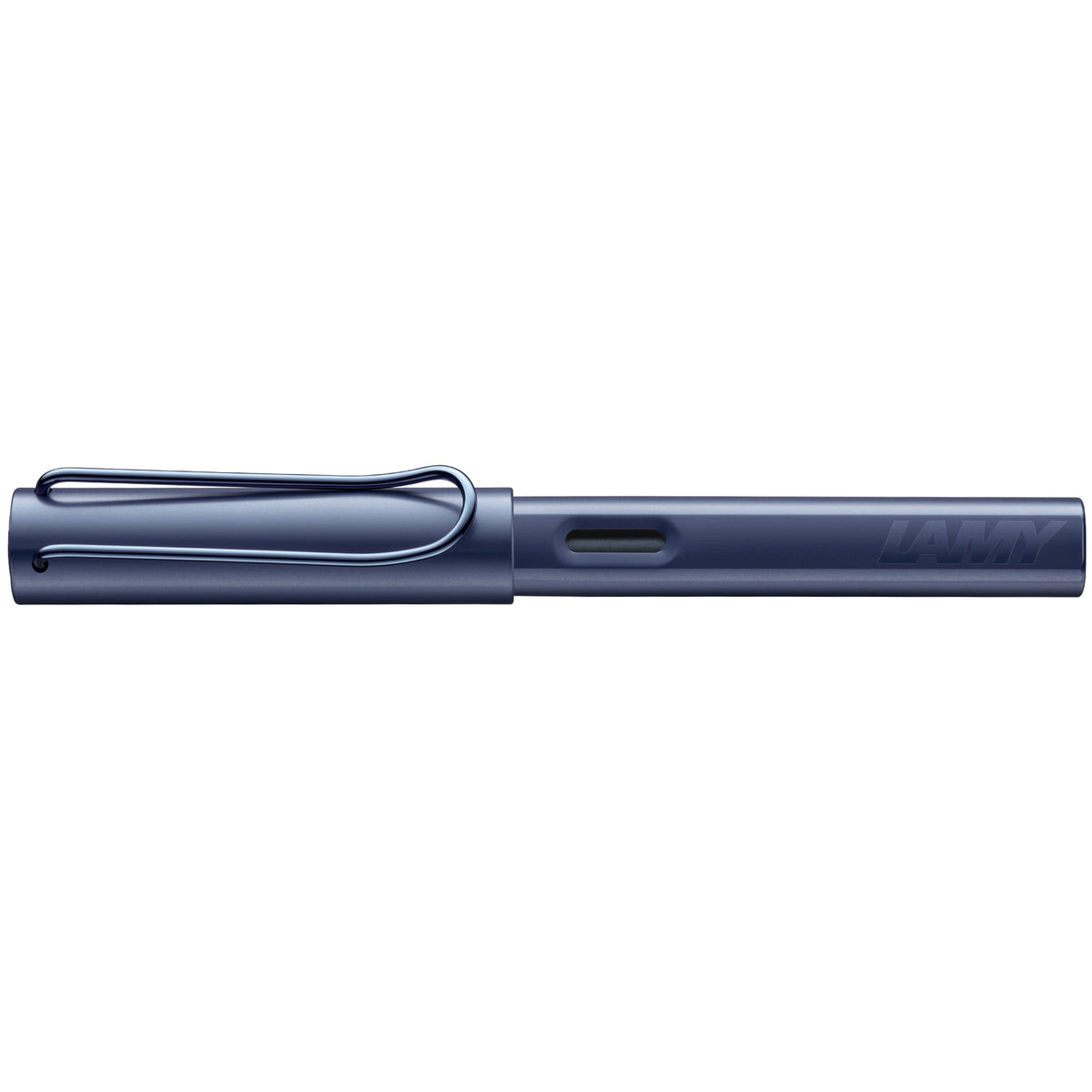 A Lamy pen in a dark metallic blue finish, shown horizontally against a plain white background.