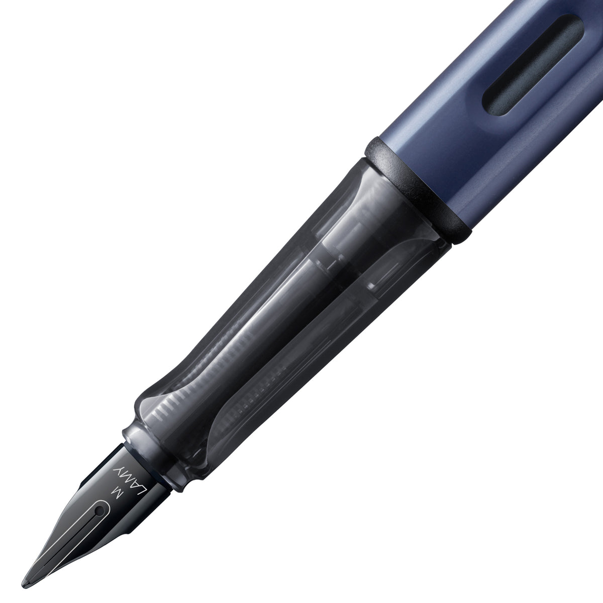 Close-up of a blue and black fountain pen nib and upper barrel on a plain white background.