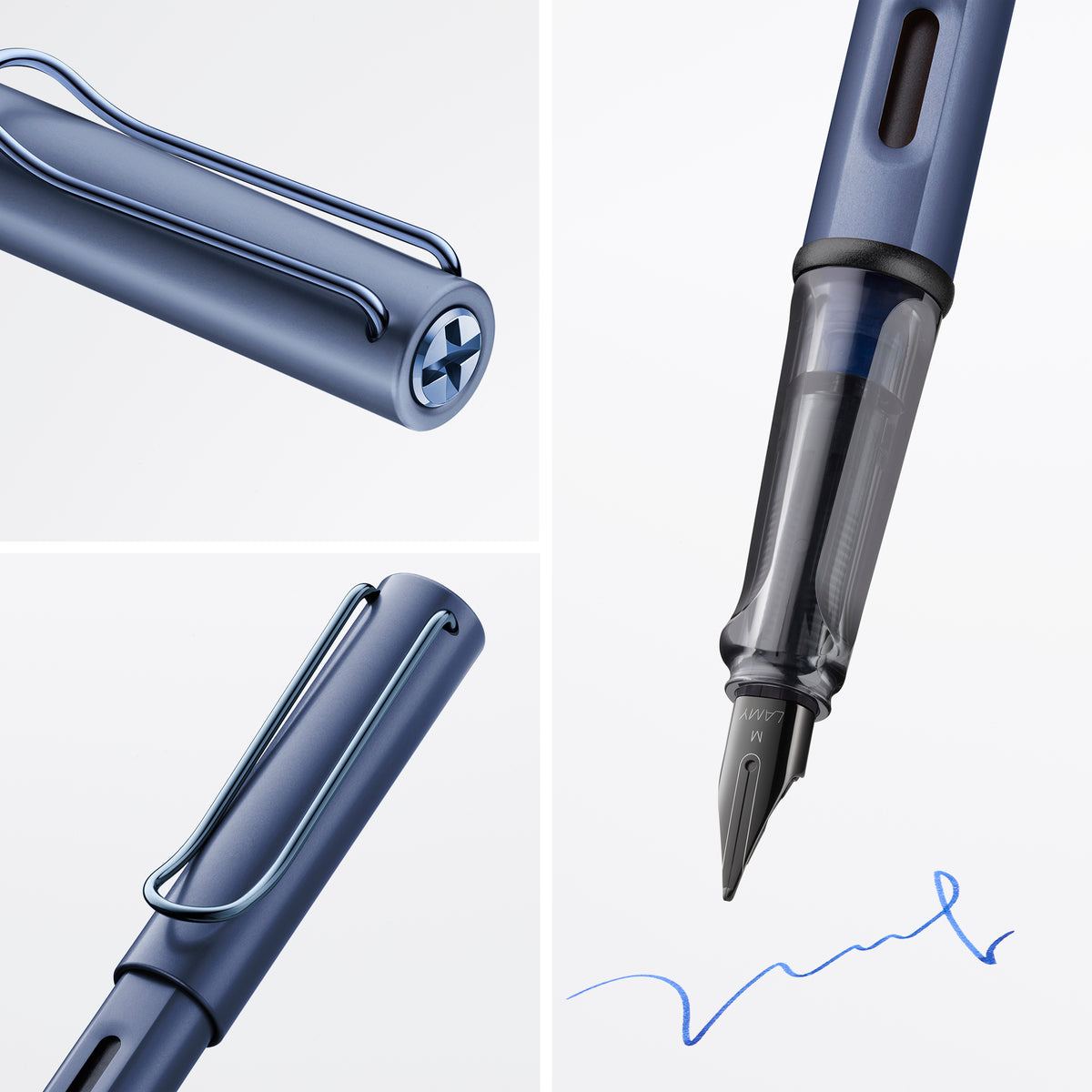 A close-up collage of a blue fountain pen showing the cap, nib, and clip details on a light gray background, with a blue ink signature visible in the lower right panel.