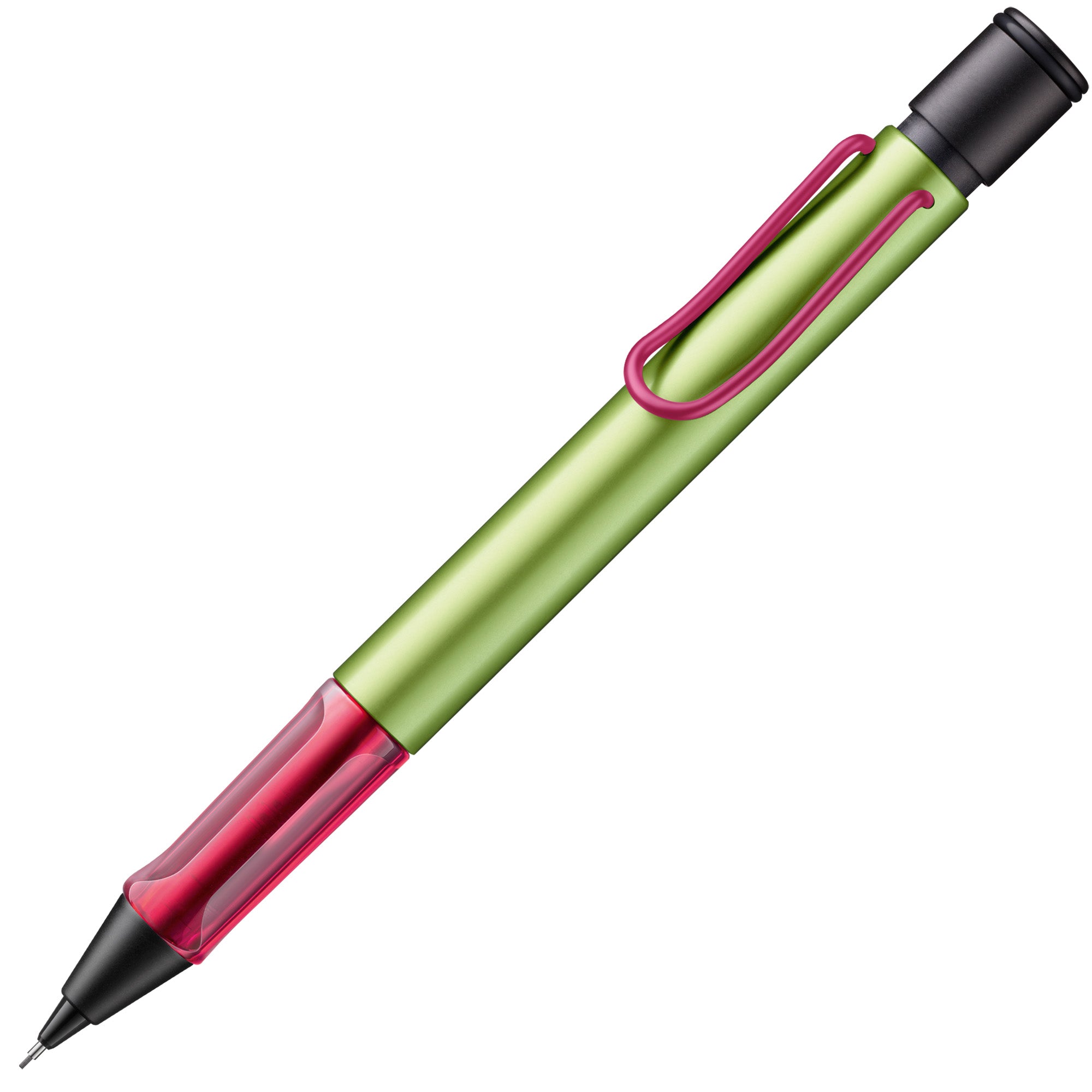 Multicolored pen with a black cap on a white background