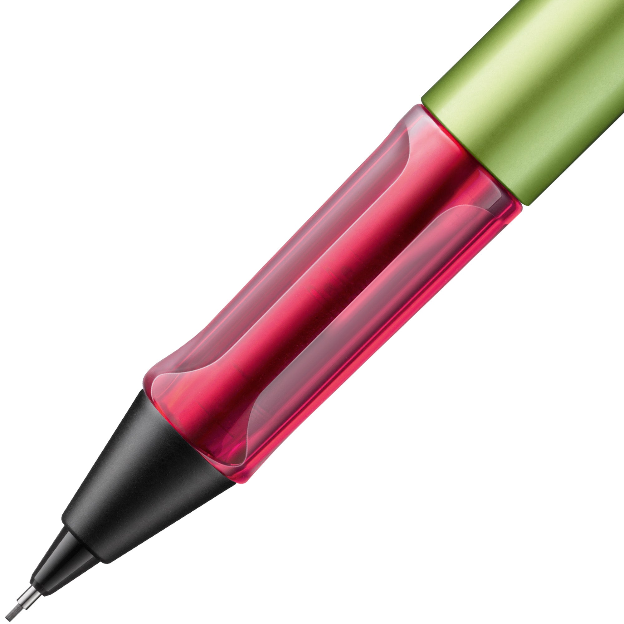 Pen with a green, red, and black design on a white background