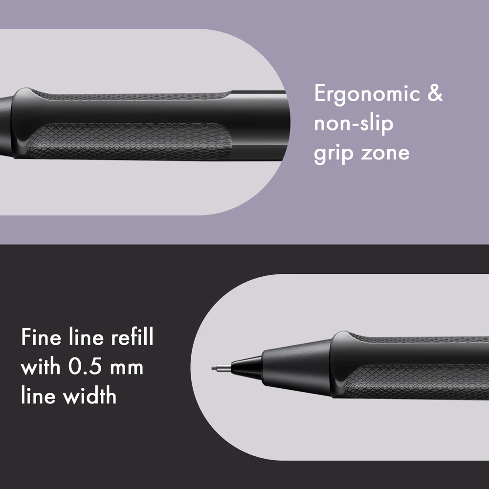 Close-up product feature graphic for a pen refill showing two views of the black pen body and tip with text reading 'Ergonomic & non-slip grip zone' and 'Fine line refill with 0.5 mm line width' on a split light lavender and dark charcoal background.