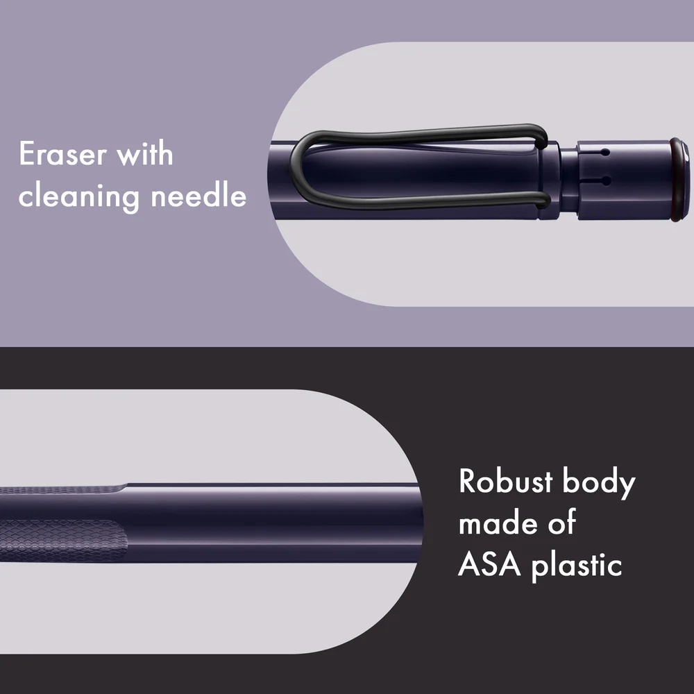 A close-up product graphic of a dark blue pen-style eraser with a cleaning needle loop and text reading 'Eraser with cleaning needle' and 'Robust body made of ASA plastic' on a split light purple and dark charcoal background.