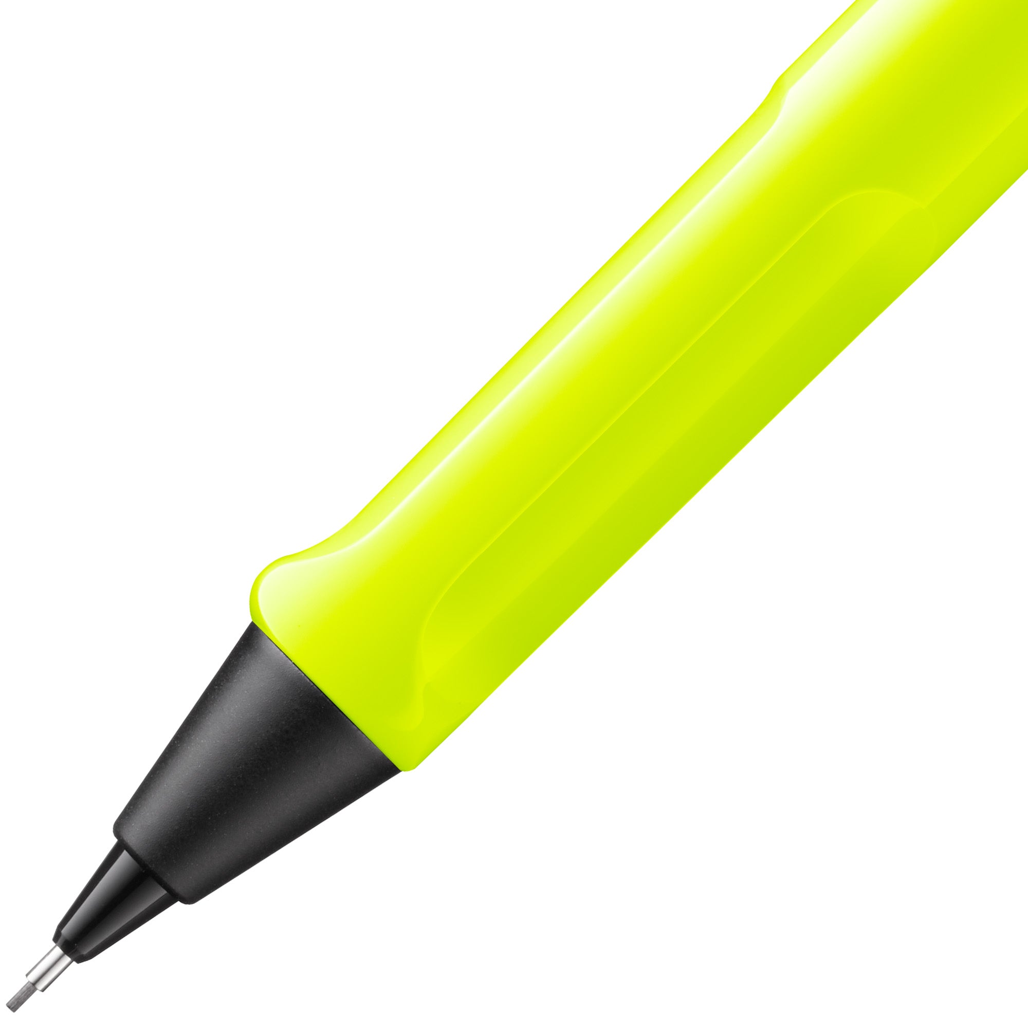 Close-up of a yellow pen with a black cap on a white background