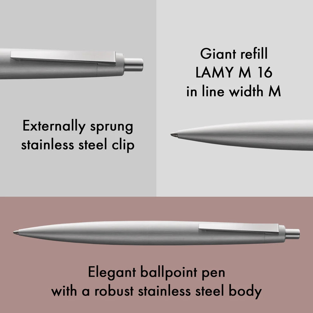 Elegant ballpoint pen with a robust stainless steel body on a gray background