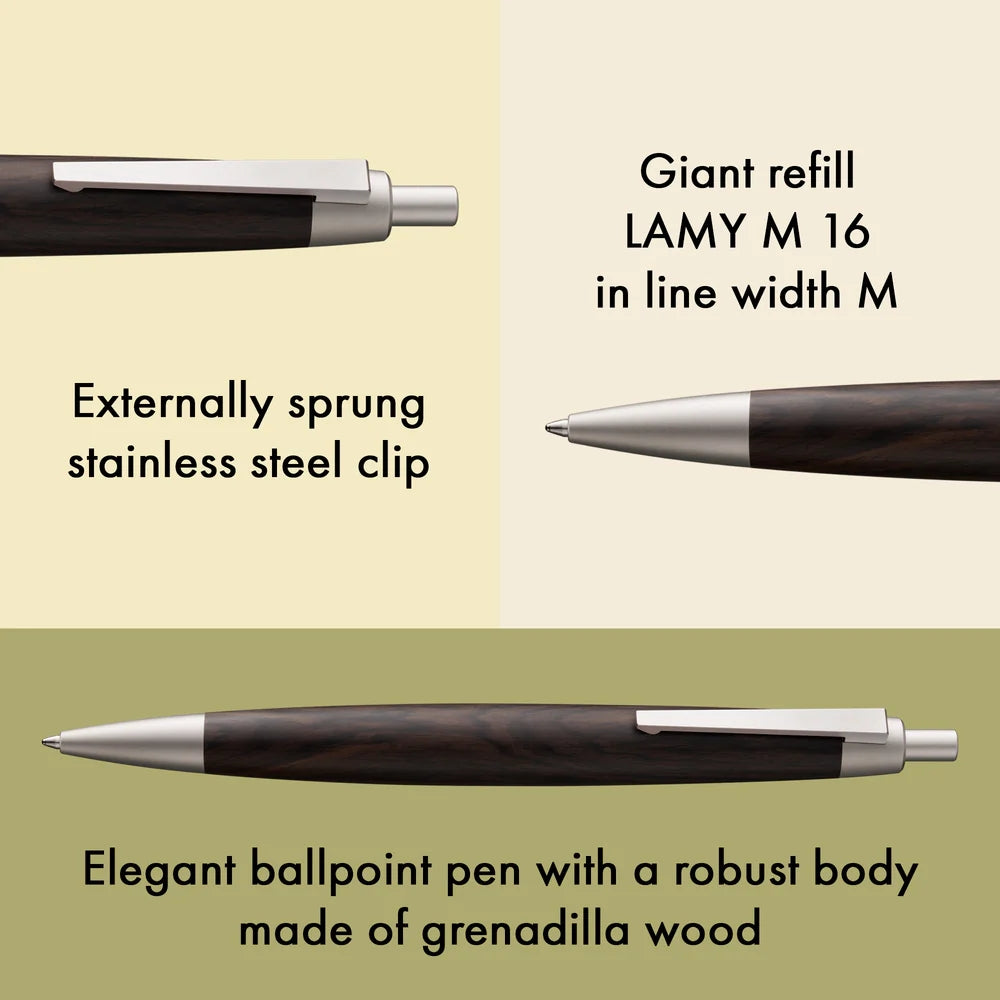 Grenadilla wood pen with stainless steel clip on a beige background