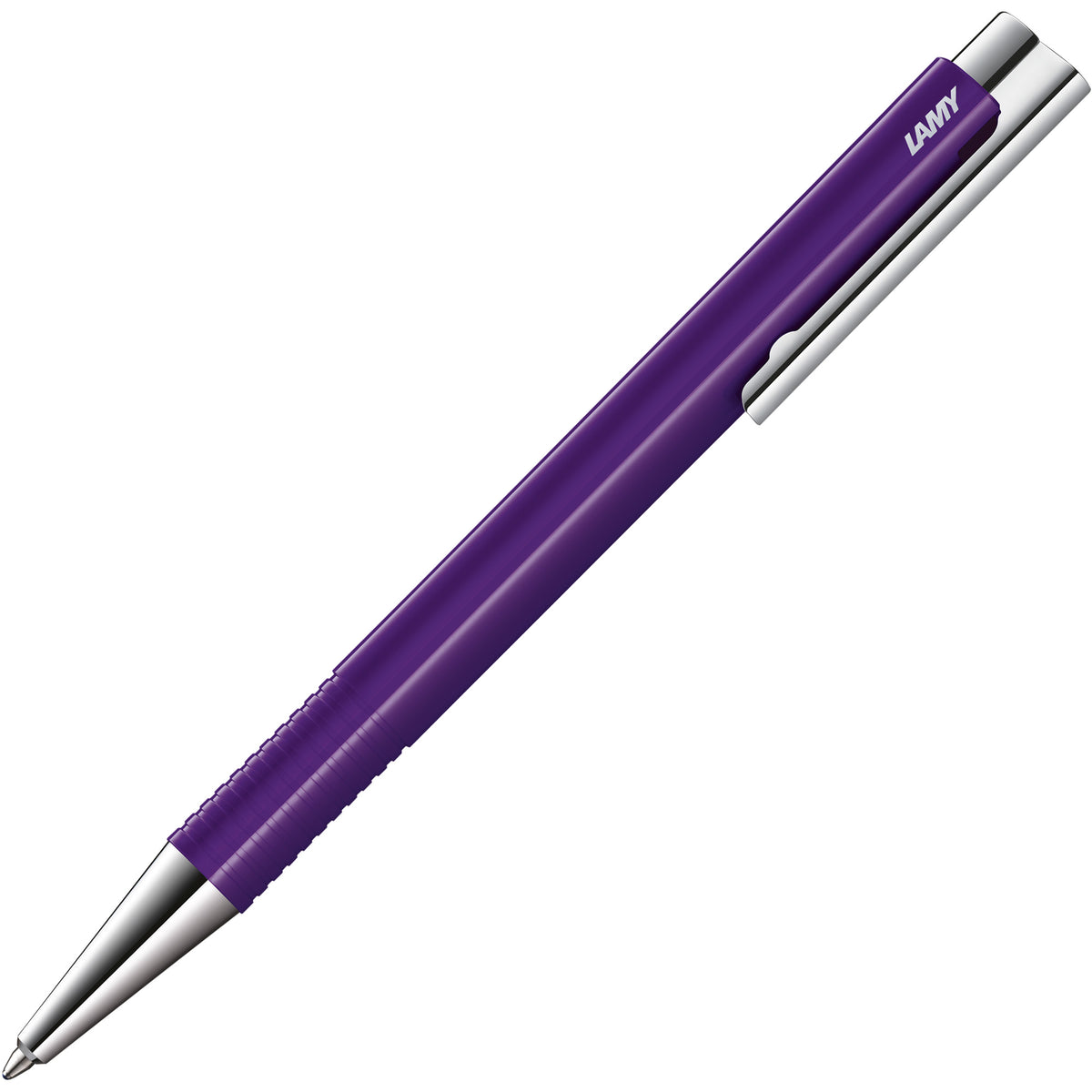 A purple Lamy ballpoint pen with silver metal accents, including the tip, clicker, and clip, shown diagonally on a plain white background.
