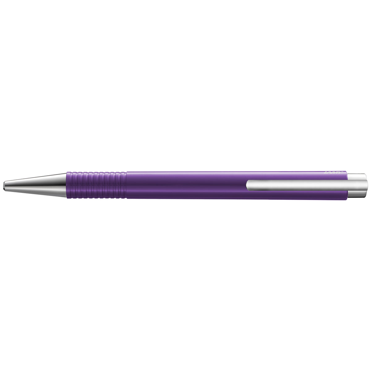 A purple retractable pen with a silver clip and silver metal tip, shown horizontally against a plain white background.