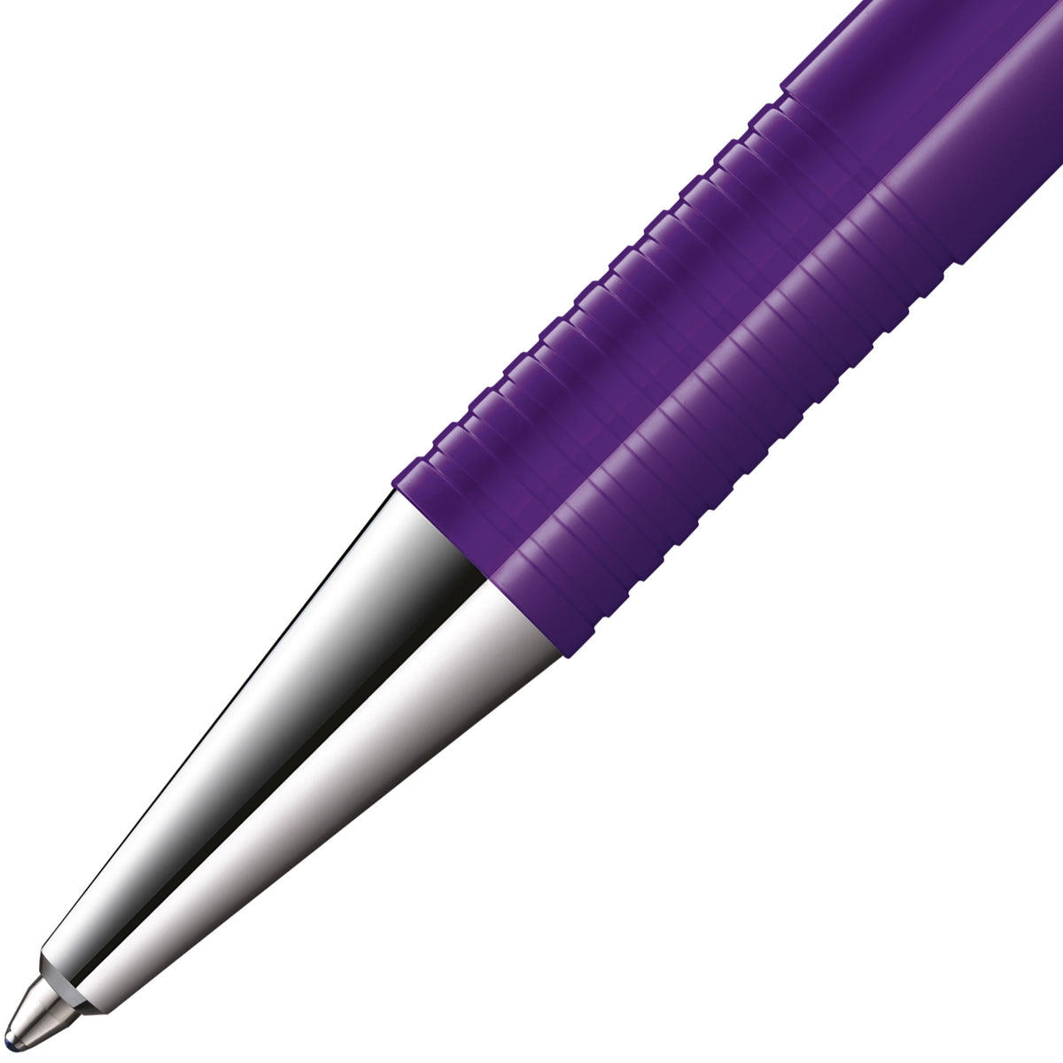 A close-up of a purple retractable ballpoint pen with a textured grip and a silver metal tip, shown diagonally on a plain white background.