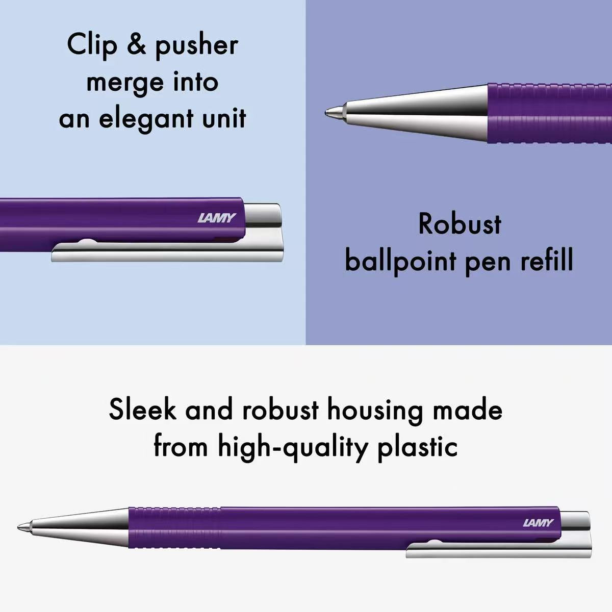 Purple Lamy ballpoint pen refill shown in multiple close-up views with explanatory text on clip, tip, and housing quality.