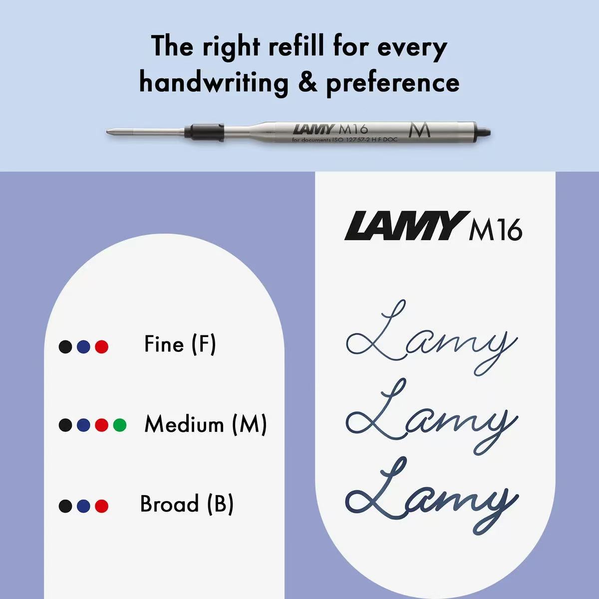 Lamy M16 handwriting refill pen shown on a light blue and lavender background with text explaining fine, medium, and broad nibs and sample script writing.