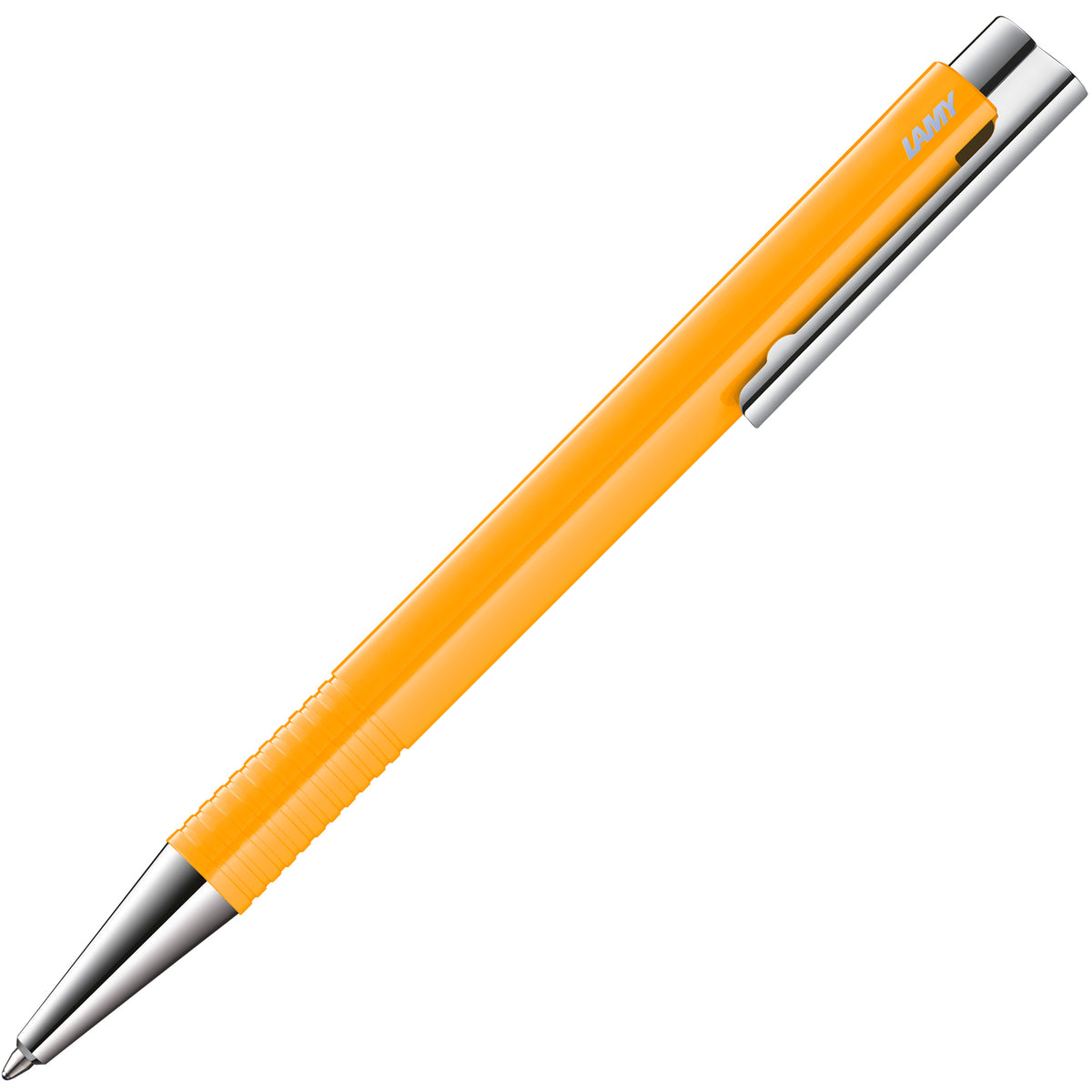 An orange Lamy ballpoint pen with a textured grip and silver metal accents, shown diagonally on a plain white background.