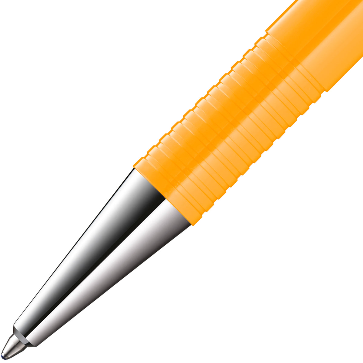 Close-up of a retractable ballpoint pen with a bright orange ribbed grip and a metallic silver tip, shown on a plain white background.