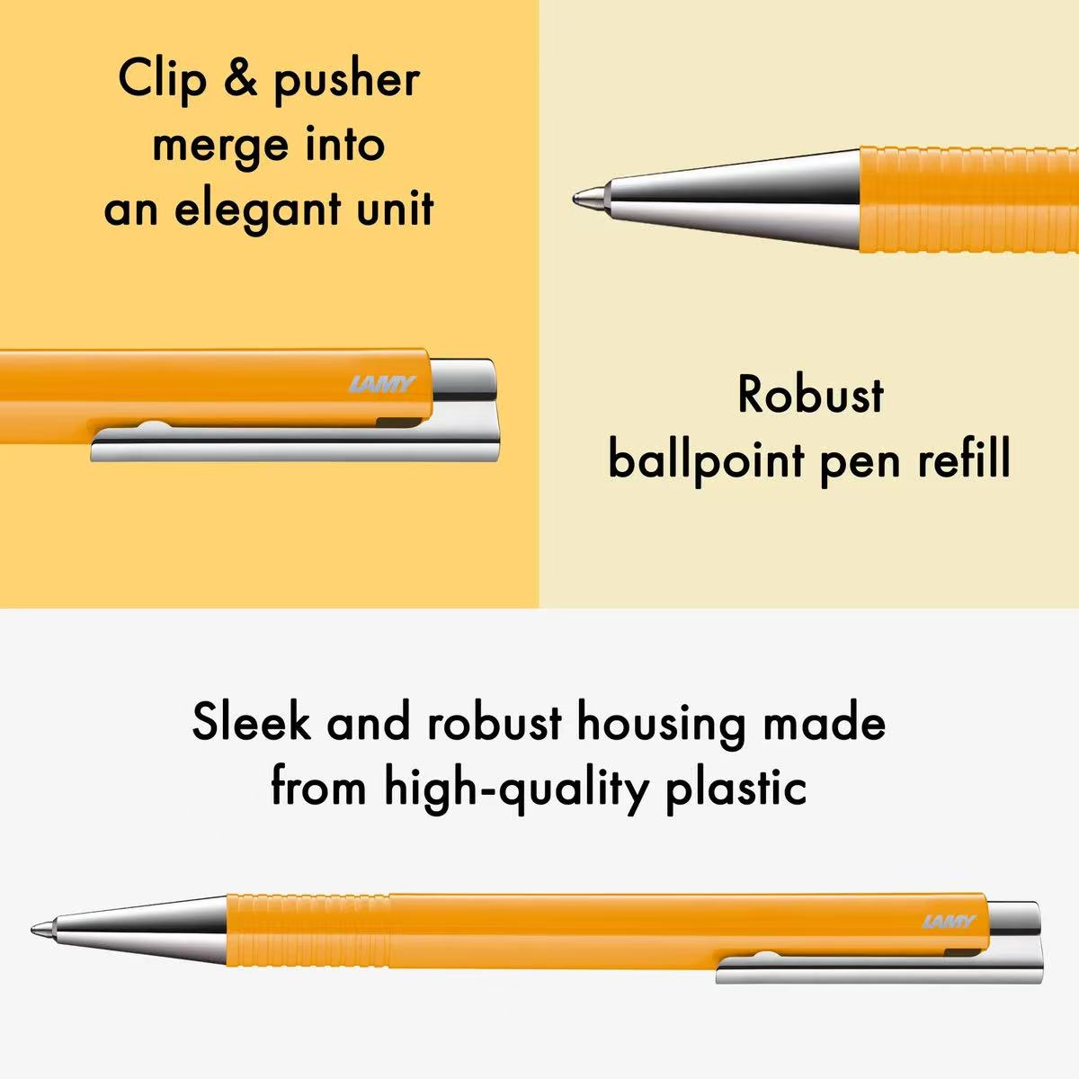 An orange and silver Lamy ballpoint pen refill shown with explanatory text on a split yellow and white background, highlighting clip, pusher, and robust ballpoint pen refill design.