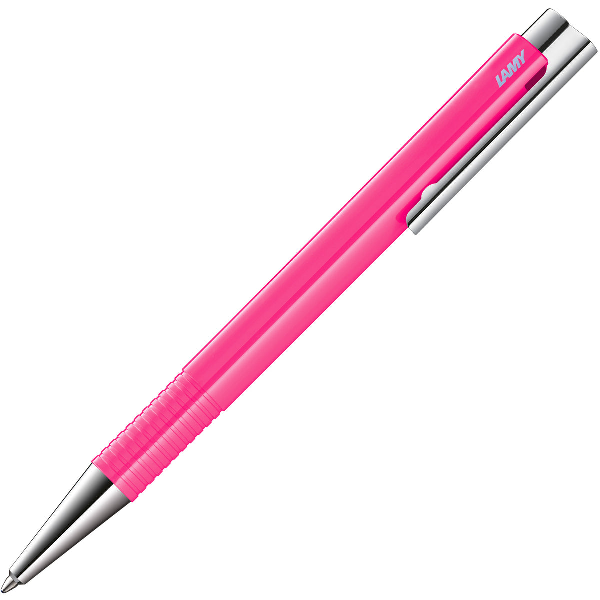 A bright pink Lamy ballpoint pen with a textured grip and silver metal tip and clip, shown diagonally on a plain white background.