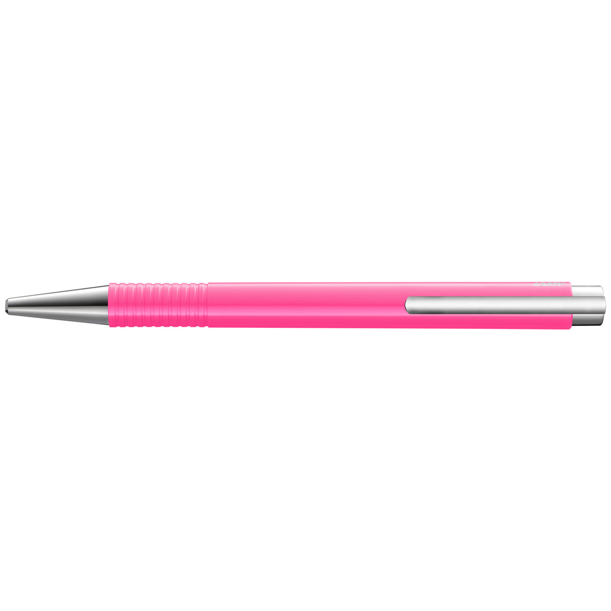 A pink retractable pen with silver metal accents, including the tip, clip, and end cap, shown horizontally against a plain white background.