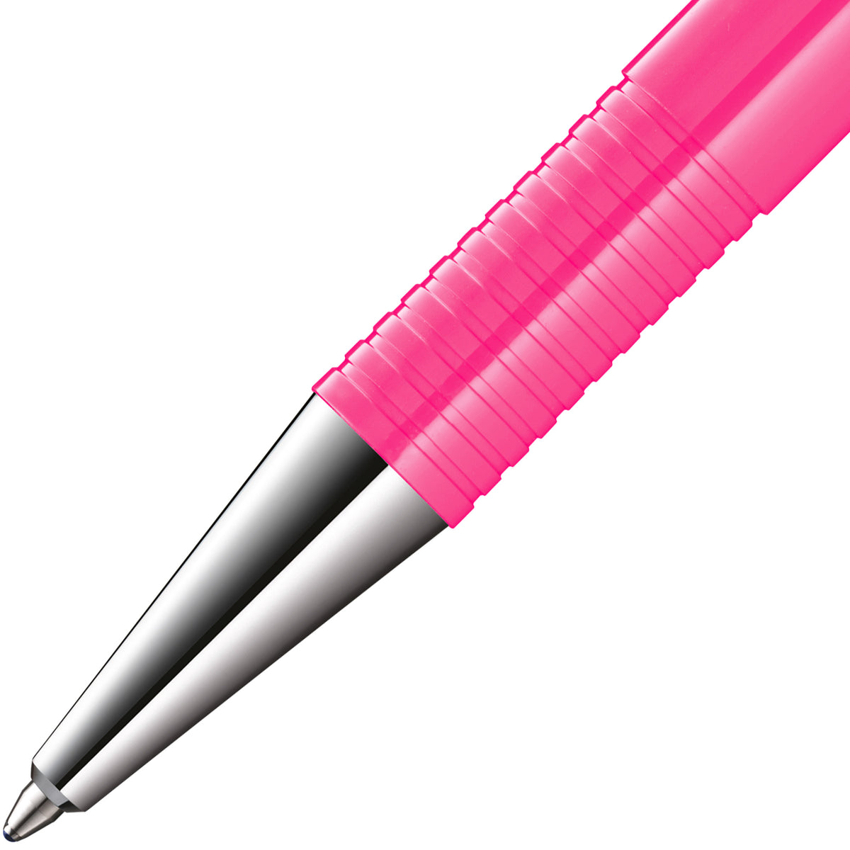 A close-up of a retractable ballpoint pen with a bright pink ribbed grip and a metallic silver tip, shown diagonally on a plain white background.