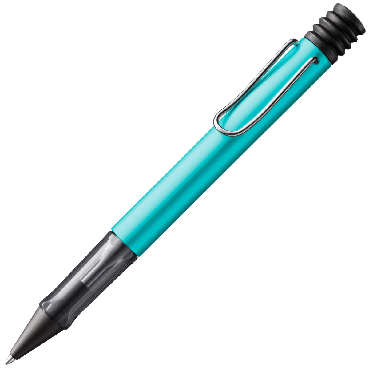 A LAMY AL-star turmaline Ballpoint pen with a blue anodized aluminum body, transparent grip, and metal clip.