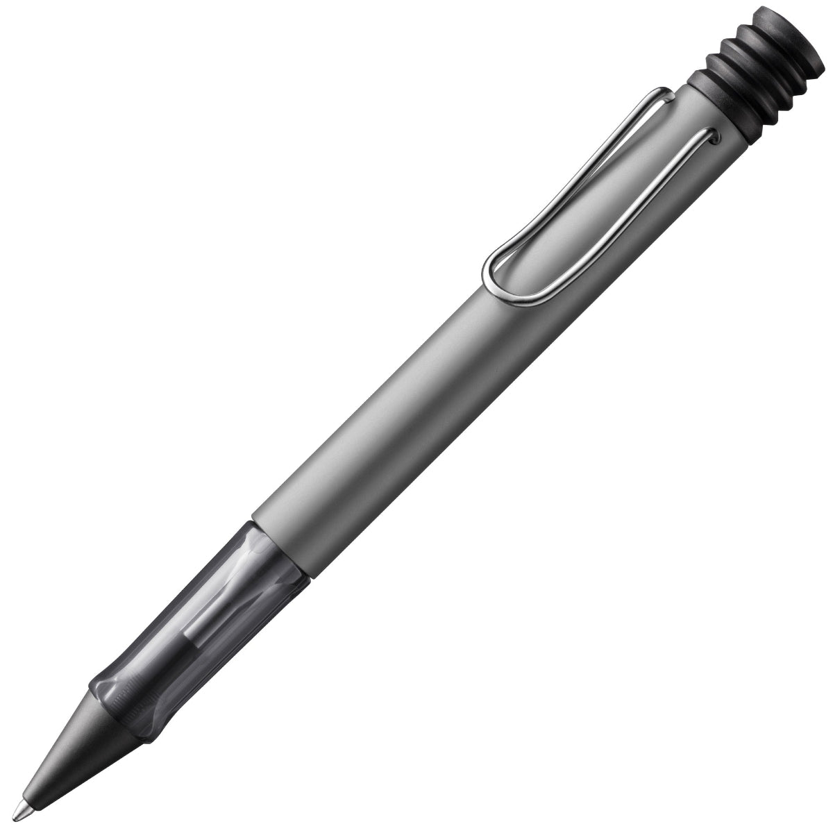 A LAMY AL-star graphite ballpoint pen with a transparent grip and a spring-action metal clip.