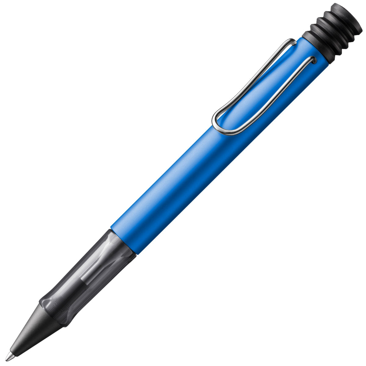 A LAMY AL-star oceanblue Ballpoint pen with a transparent grip and a spring-action metal clip.