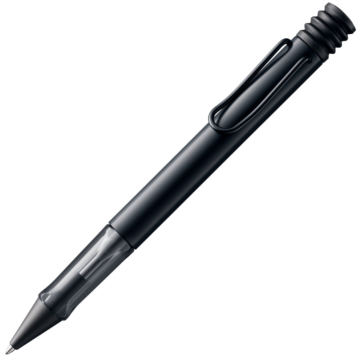 A black LAMY AL-star ballpoint pen with a transparent grip and a spring-action metal clip.