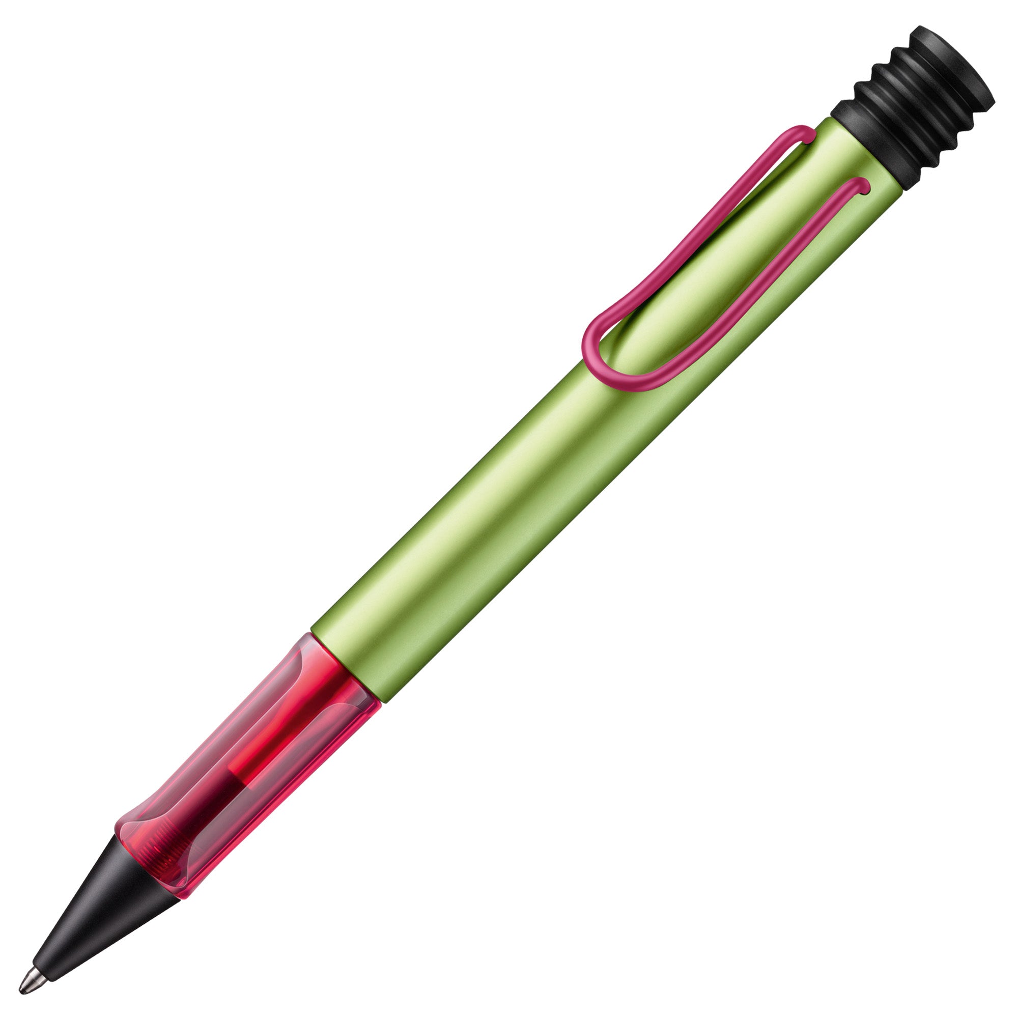 Multicolored pen with green, red, and black sections on a white background