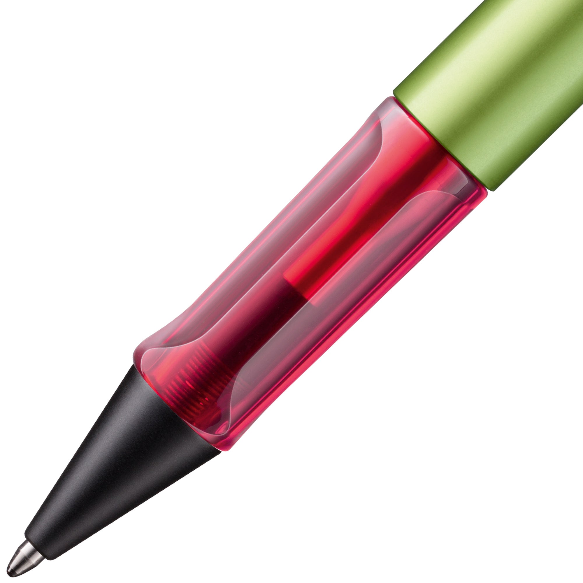 Pen with a red body, green cap, and black clip on a white background