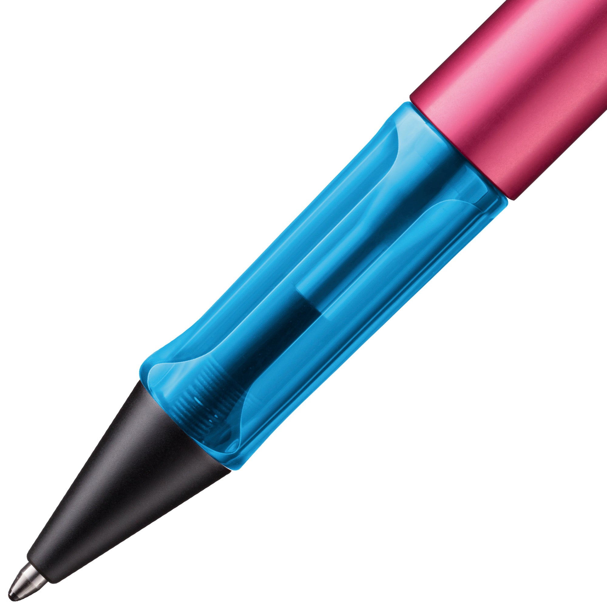 Multicolored pen with blue, pink, and black sections on a white background