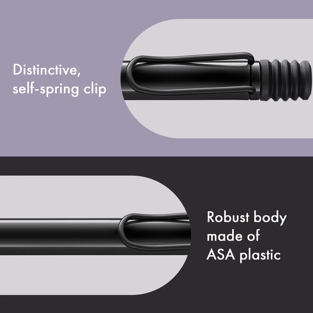 Close-up product feature graphic of a black pen-like clip with text reading 'Distinctive, self-spring clip' on a light lavender background and 'Robust body made of ASA plastic' on a dark charcoal background.