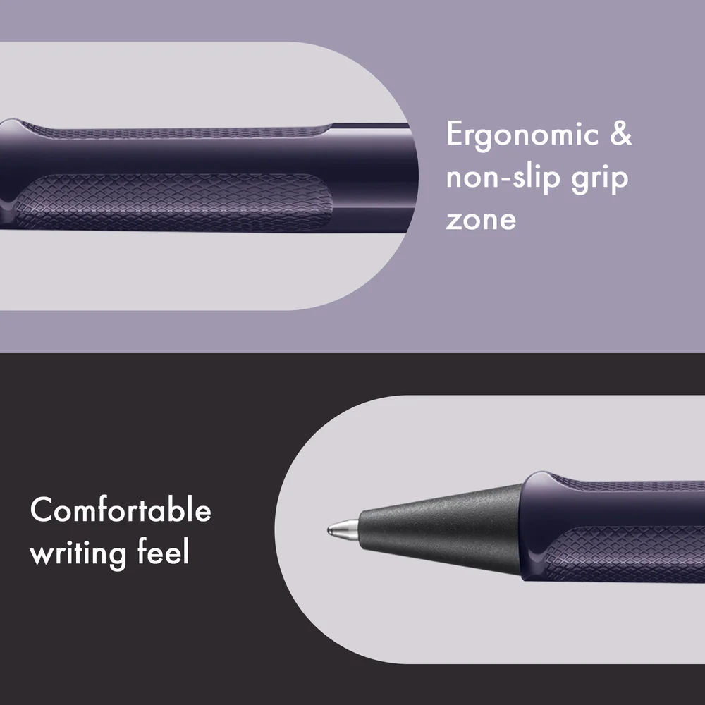 Close-up promotional graphic of a pen showing two feature callouts: a top section with a cropped grip area labeled 'Ergonomic & non-slip grip zone' on a light lavender background, and a bottom section with the tip and handle labeled 'Comfortable writing feel' on a dark charcoal background.